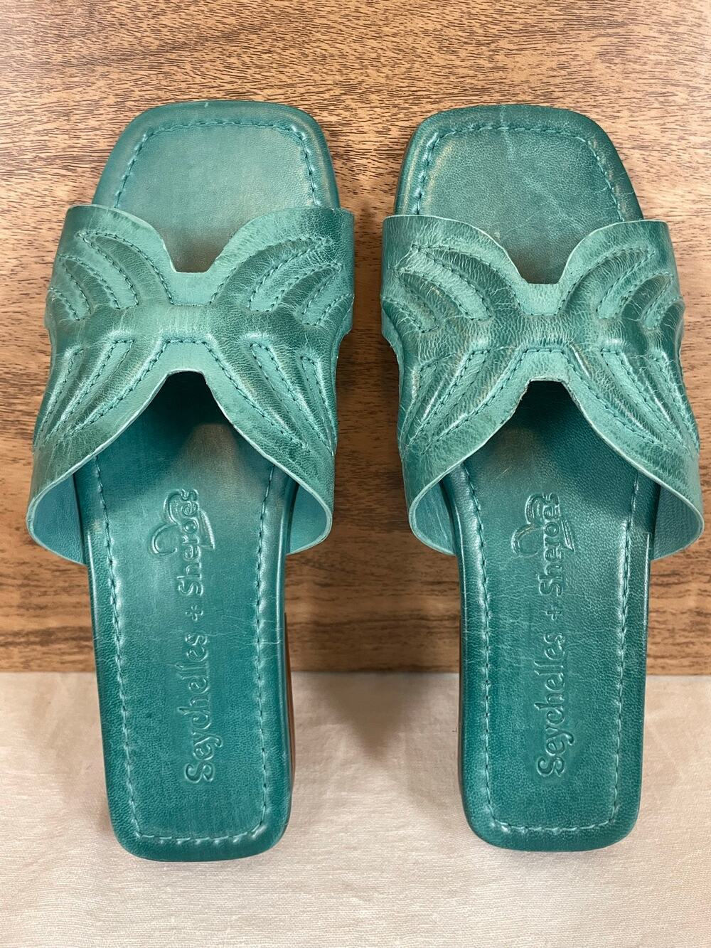 Seychelles + Sheroes Teal Leather Slide Sandals Women's 7 Square Toe Butterfly